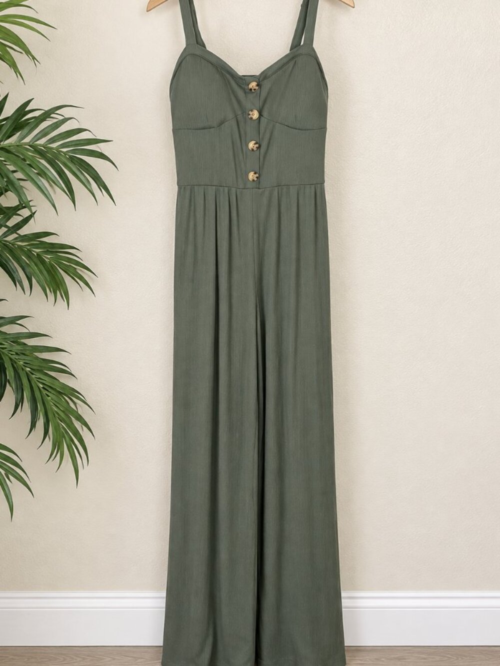 Olive Green Ribbed Wide Leg Jumpsuit Button Front Sleeveless L 11 13